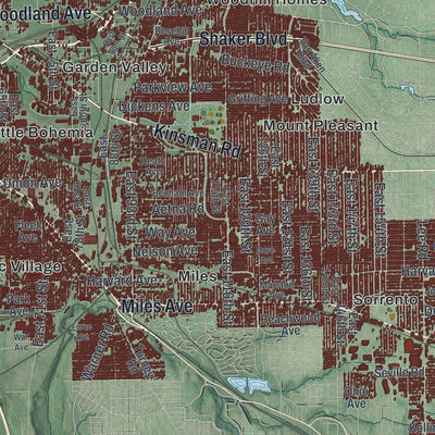 Second close-up of the map of Cleveland, Ohio print showing more streets and buildings