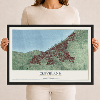 Map of Cleveland, Ohio, 12 x 18 inch print in a black wood frame