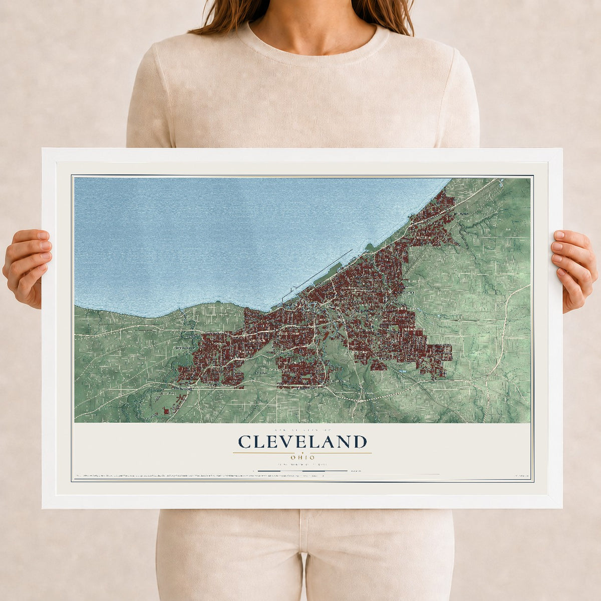 Map of Cleveland, Ohio, 12 x 18 inch print in a white wood frame