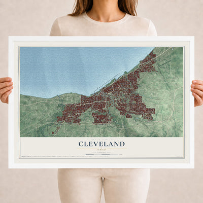 Map of Cleveland, Ohio, 18 x 24 inch print in a white wood frame