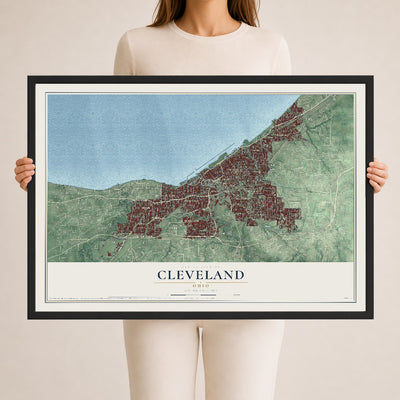 Map of Cleveland, Ohio, 24 x 36 inch print in a black wood frame