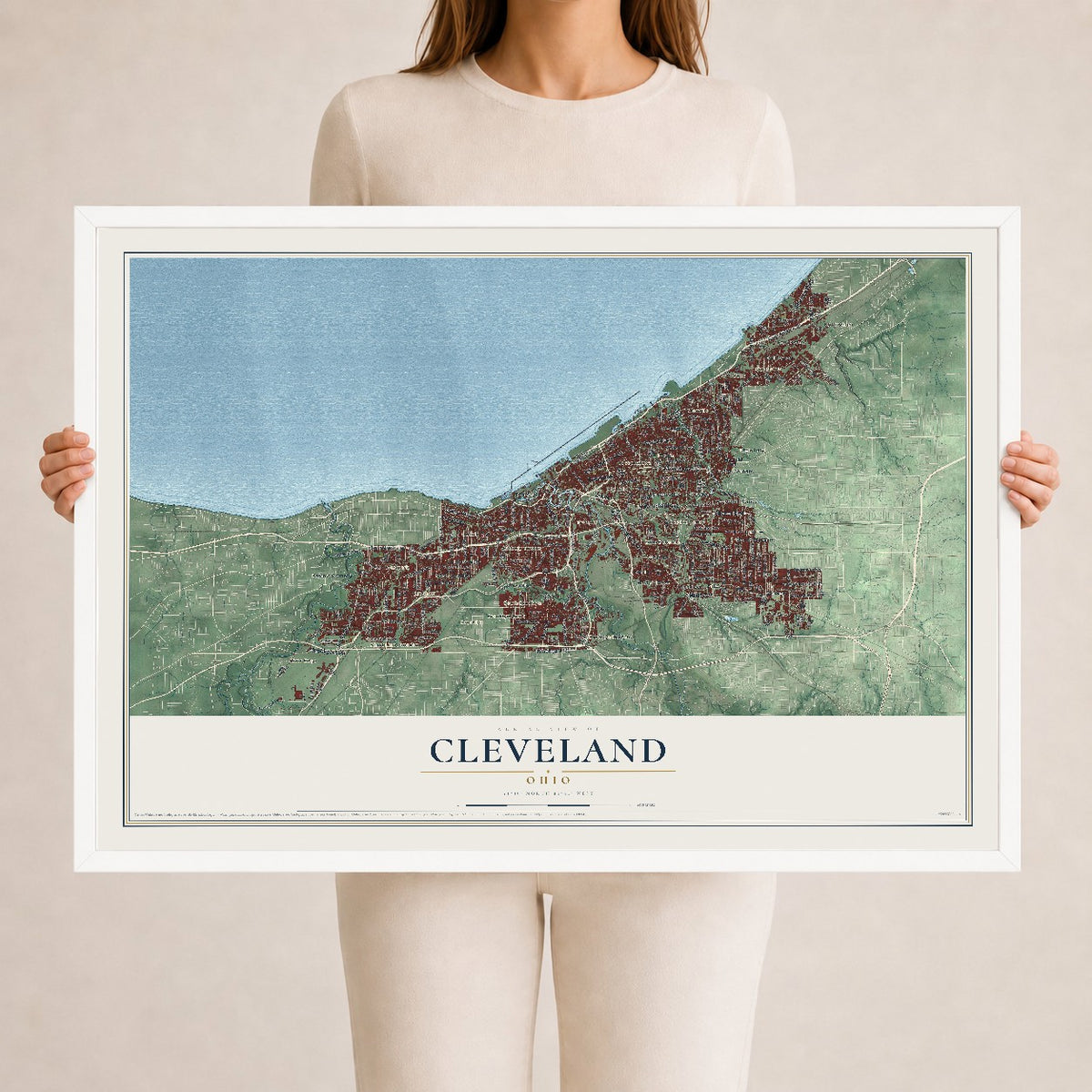 Map of Cleveland, Ohio, 24 x 36 inch print in a white wood frame