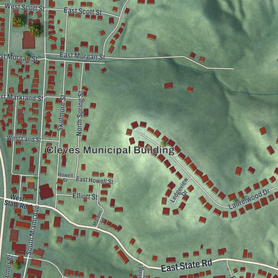 Close-up of the map of Cleves, Ohio print showing street and building detail