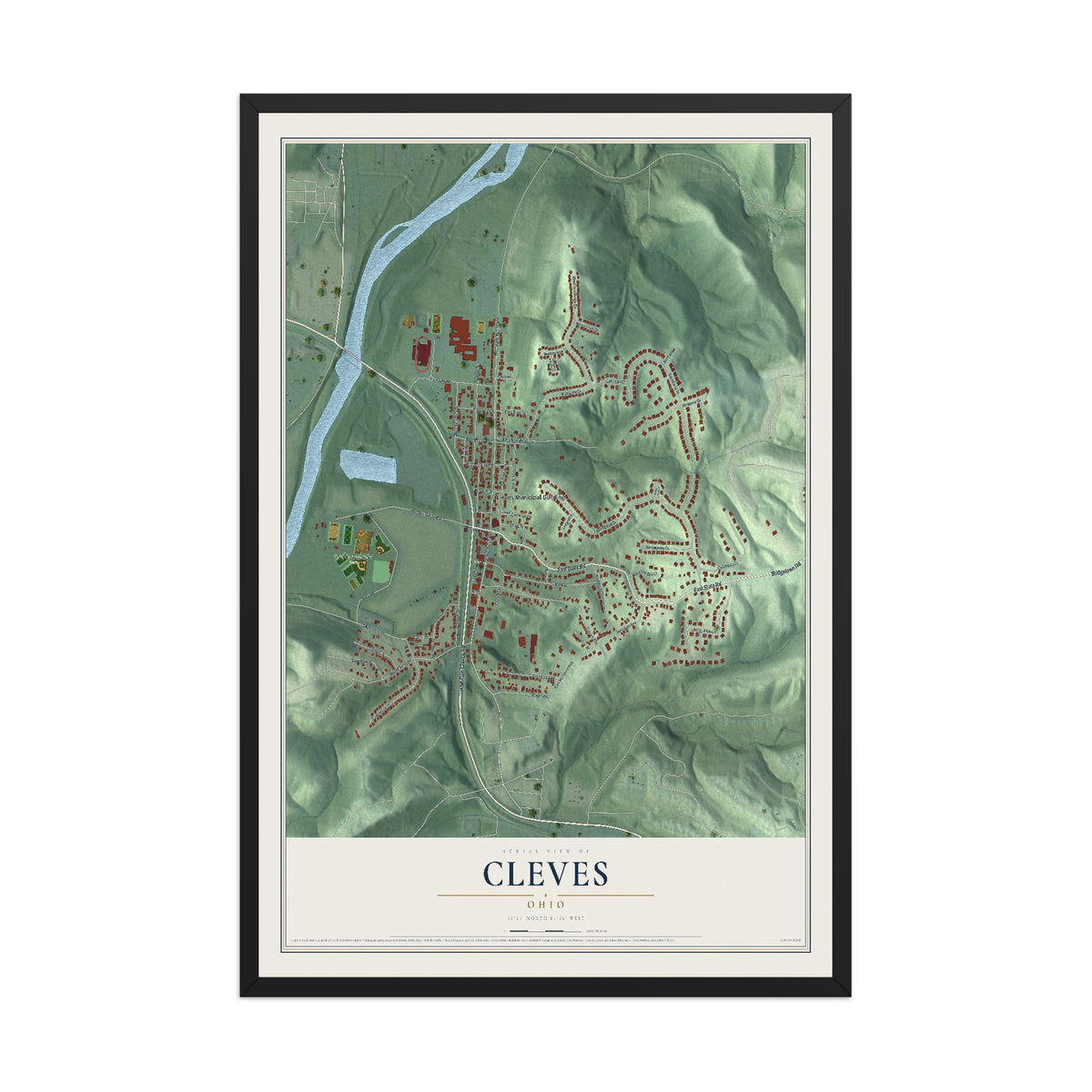Map of Cleves, Ohio, 12 x 18 inch print in a black wood frame