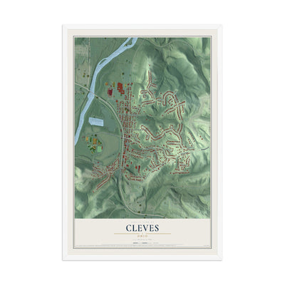 Map of Cleves, Ohio, 12 x 18 inch print in a white wood frame
