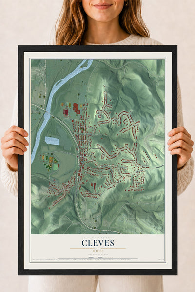 Map of Cleves, Ohio, 18 x 24 inch print in a black wood frame