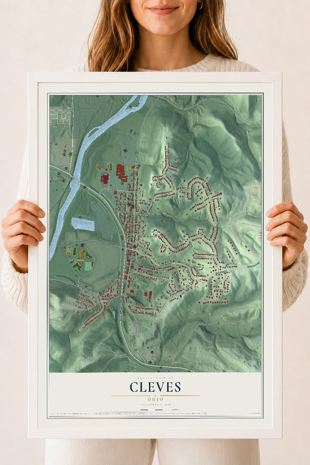 Map of Cleves, Ohio, 18 x 24 inch print in a white wood frame