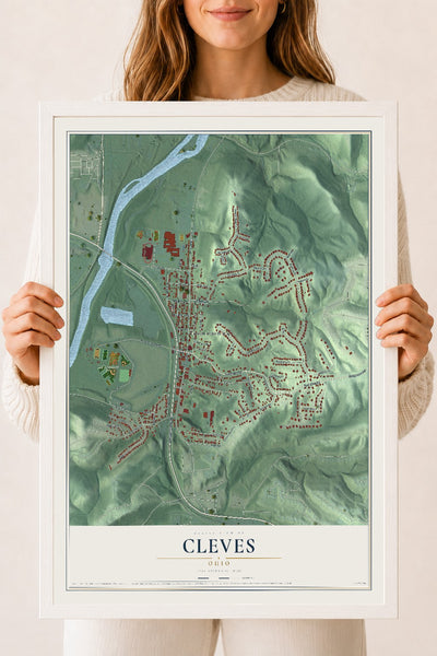 Map of Cleves, Ohio, 18 x 24 inch print in a white wood frame