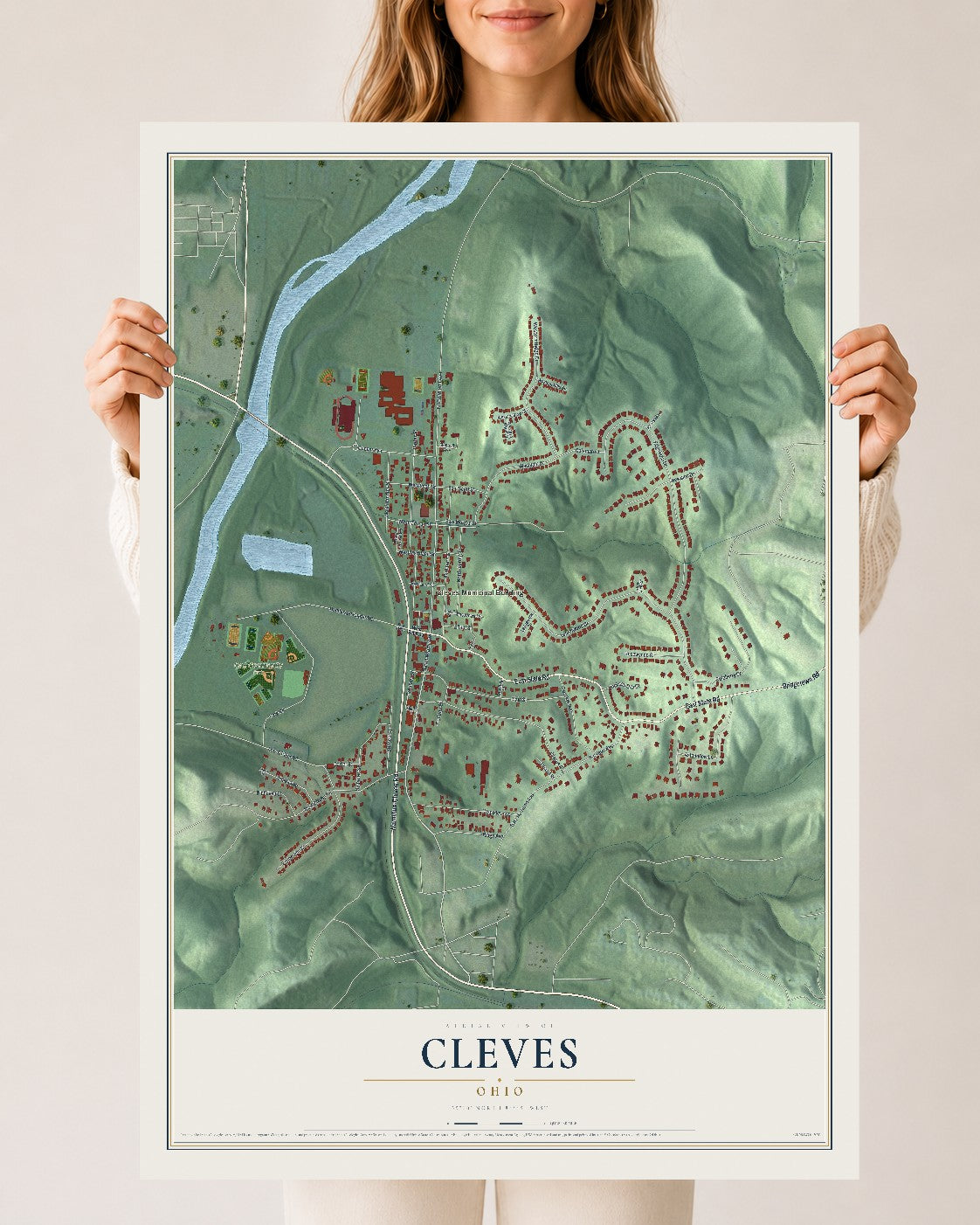 Map of Cleves, Ohio, 24 x 36 inch unframed archival matte print