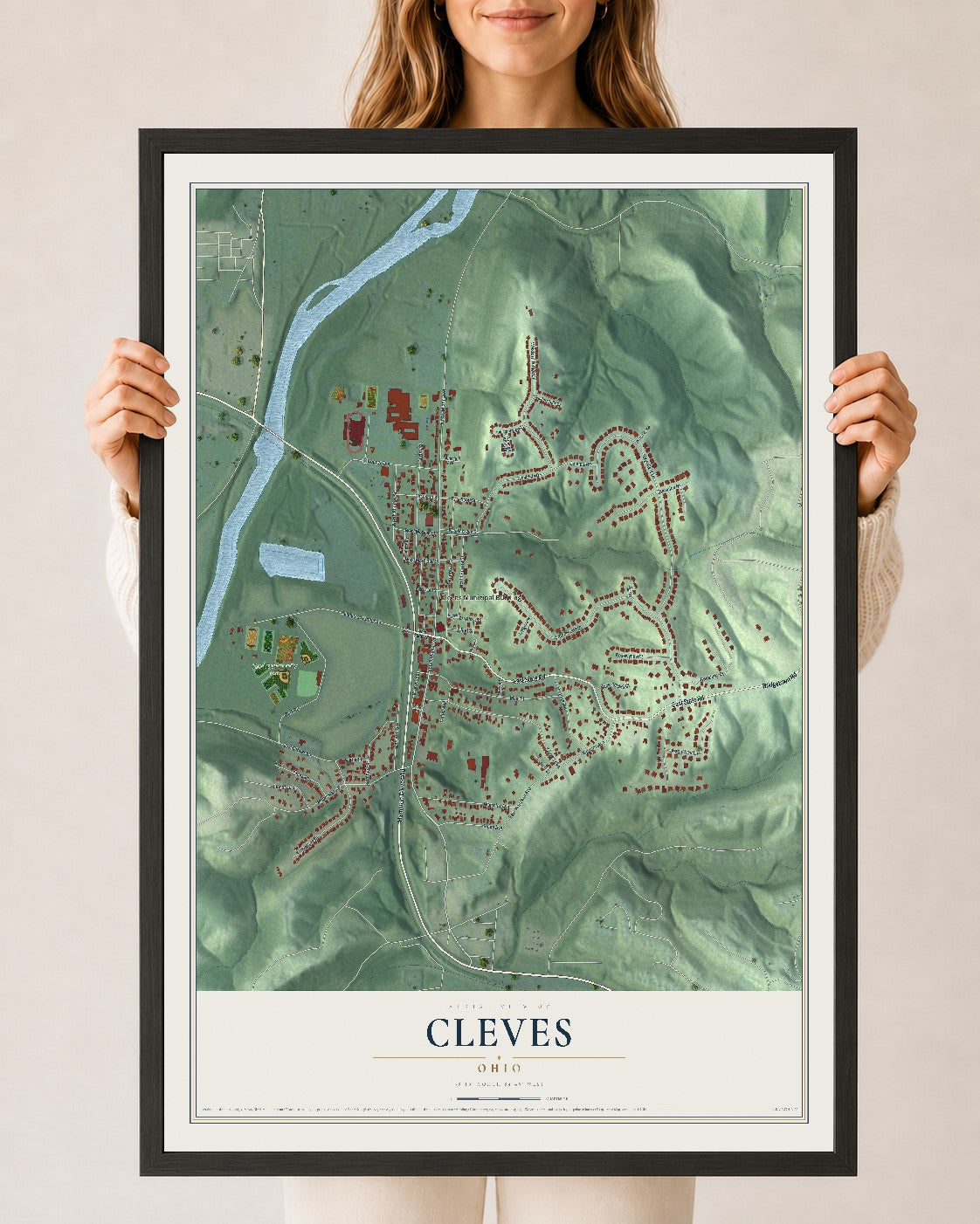 Map of Cleves, Ohio, 24 x 36 inch print in a black wood frame