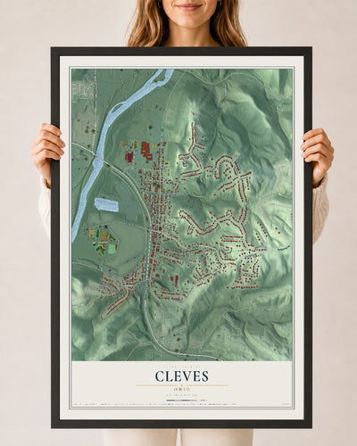 Map of Cleves, Ohio, 24 x 36 inch print in a black wood frame