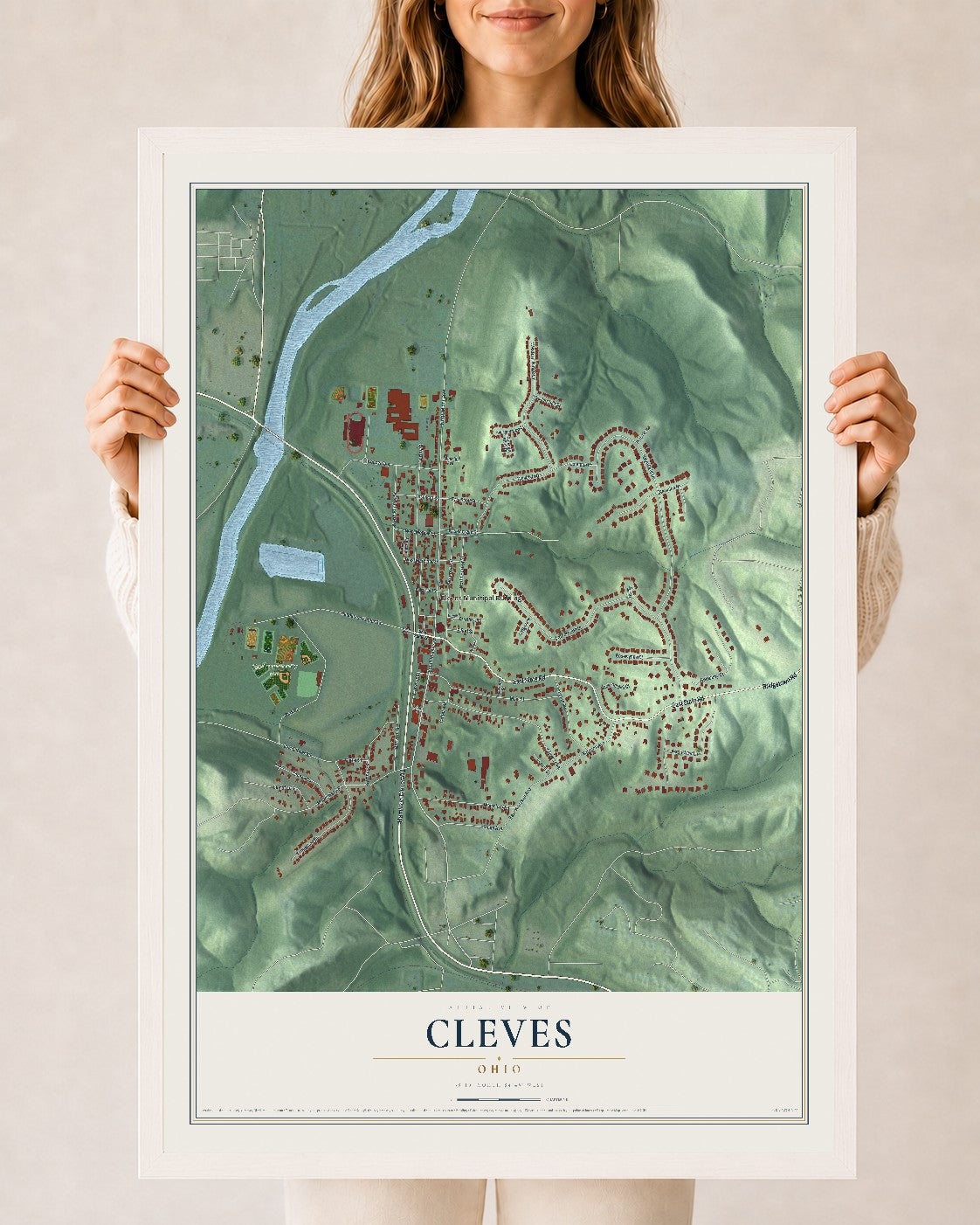 Map of Cleves, Ohio, 24 x 36 inch print in a white wood frame