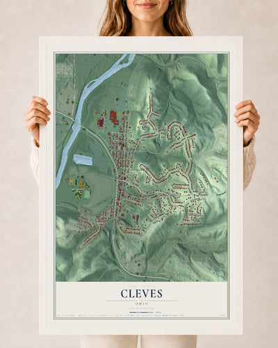 Map of Cleves, Ohio, 24 x 36 inch print in a white wood frame