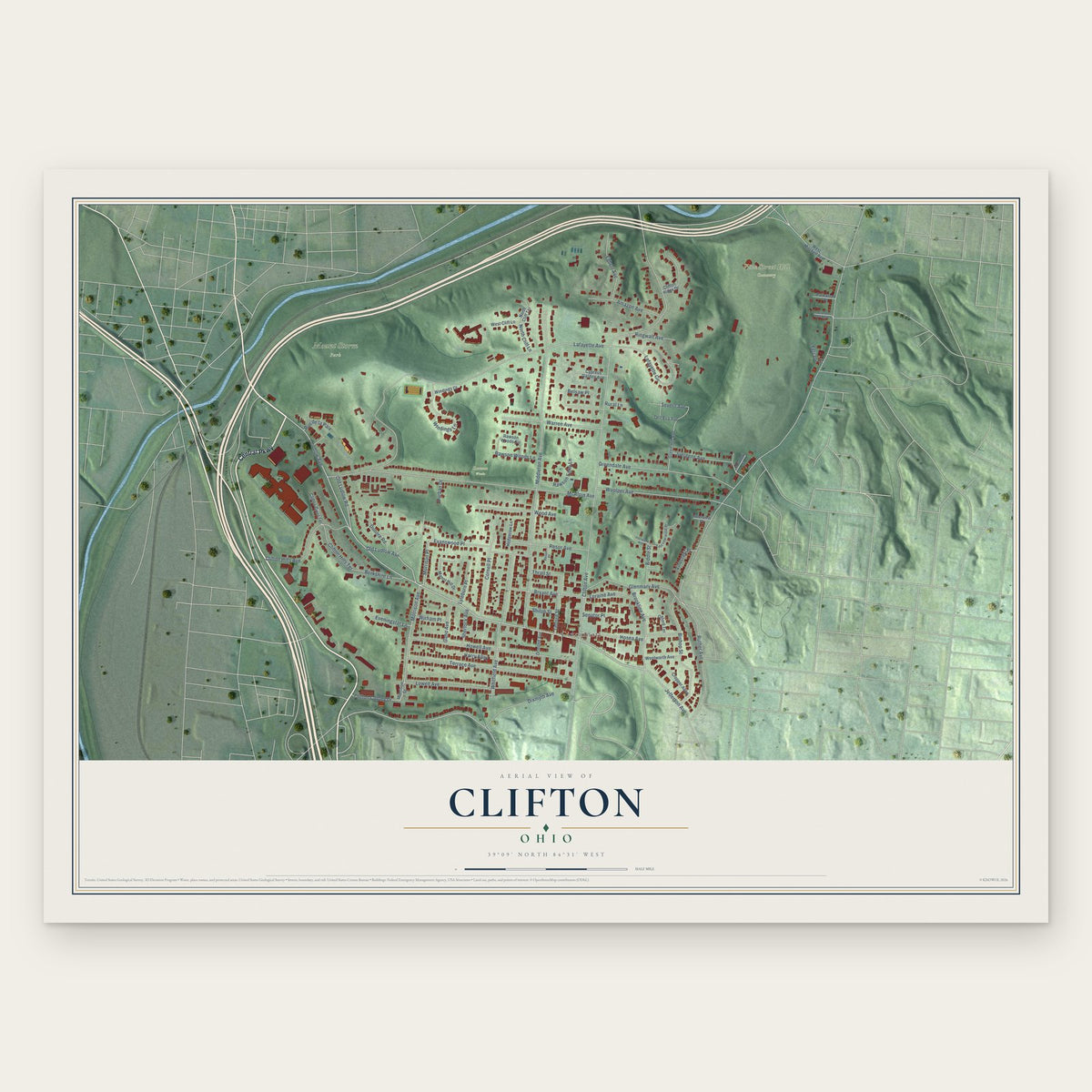 Clifton, Cincinnati, Ohio map print, the full design