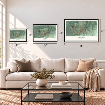 Clifton, Cincinnati, Ohio map in 12 x 18, 18 x 24 and 24 x 36 inch sizes above a sofa