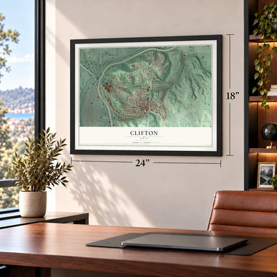 Clifton, Cincinnati, Ohio map, 18 x 24 inch print in a black frame in a home office