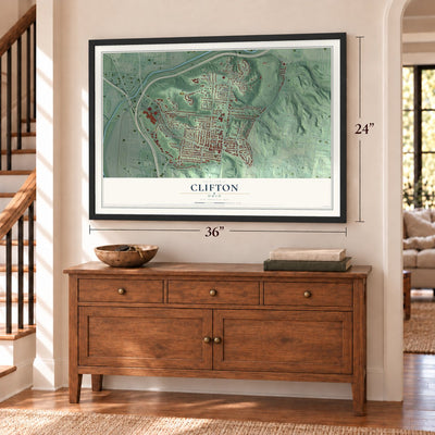 Clifton, Cincinnati, Ohio map, 24 x 36 inch print in a black frame above a dresser by a staircase