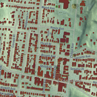 Close-up of the map of Clifton, Cincinnati, Ohio print showing street and building detail