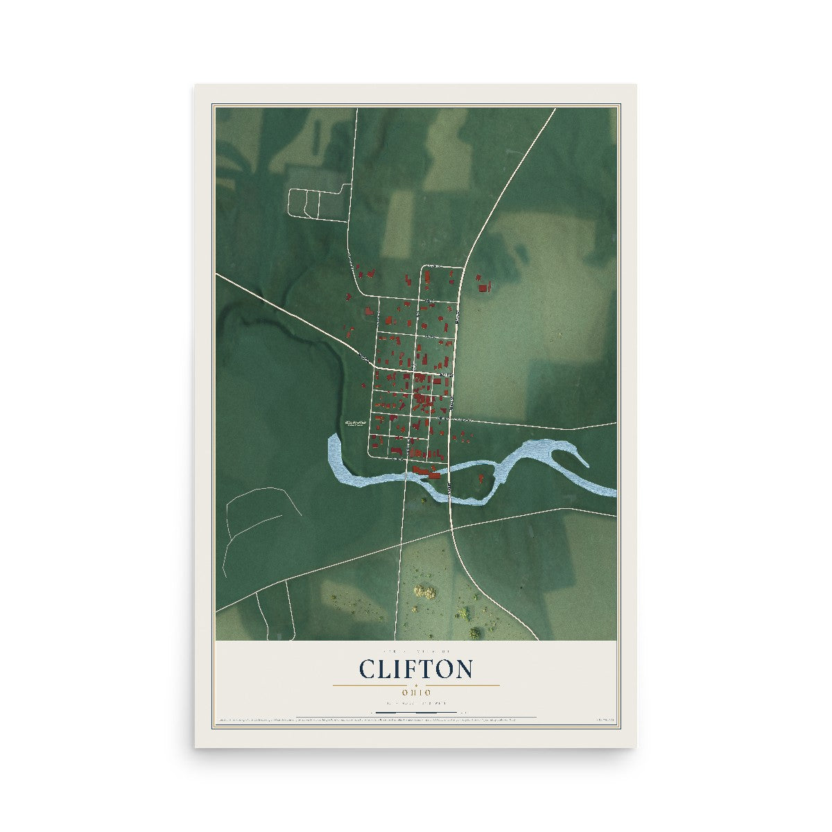 Map of Clifton, Ohio, 12 x 18 inch unframed archival matte print