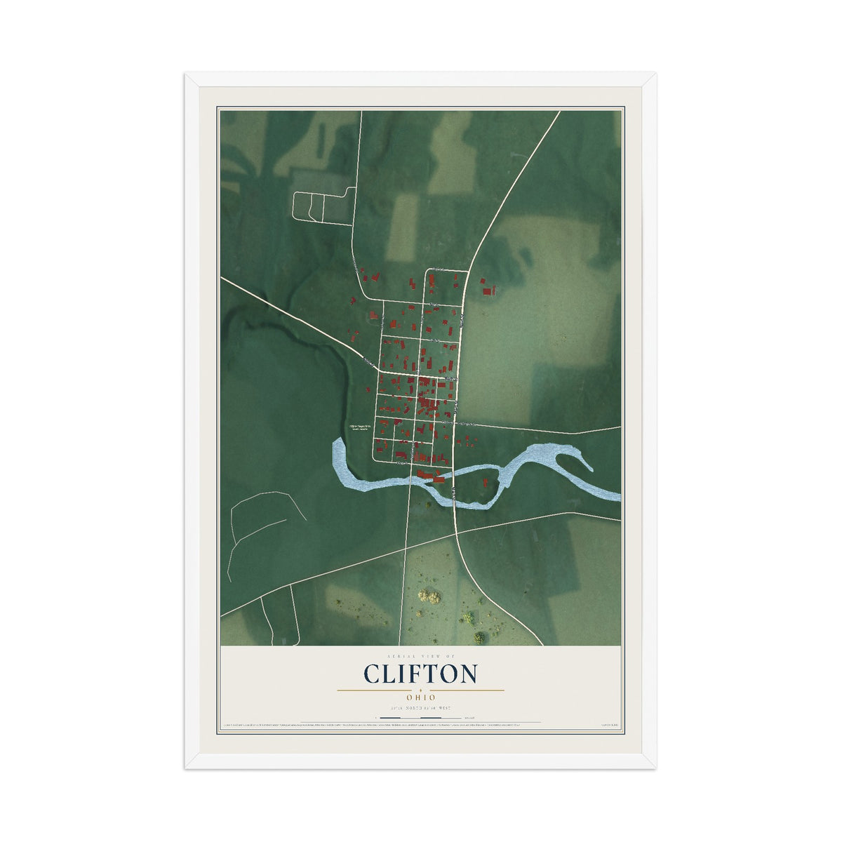 Map of Clifton, Ohio, 12 x 18 inch print in a white wood frame
