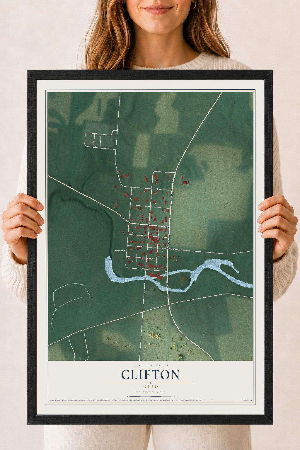 Map of Clifton, Ohio, 18 x 24 inch print in a black wood frame