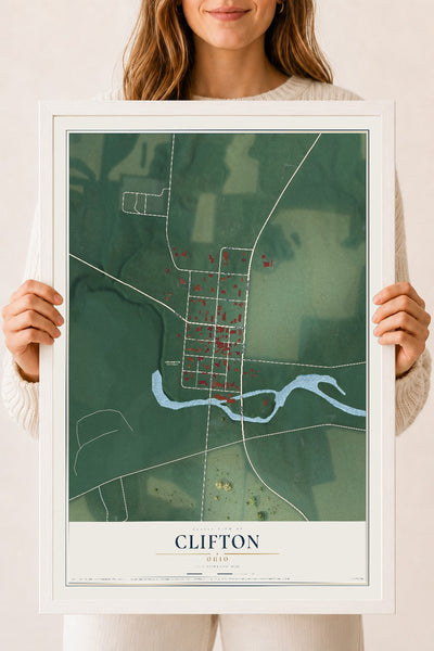 Map of Clifton, Ohio, 18 x 24 inch print in a white wood frame