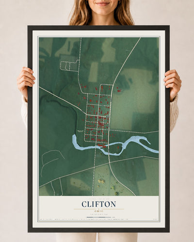 Map of Clifton, Ohio, 24 x 36 inch print in a black wood frame