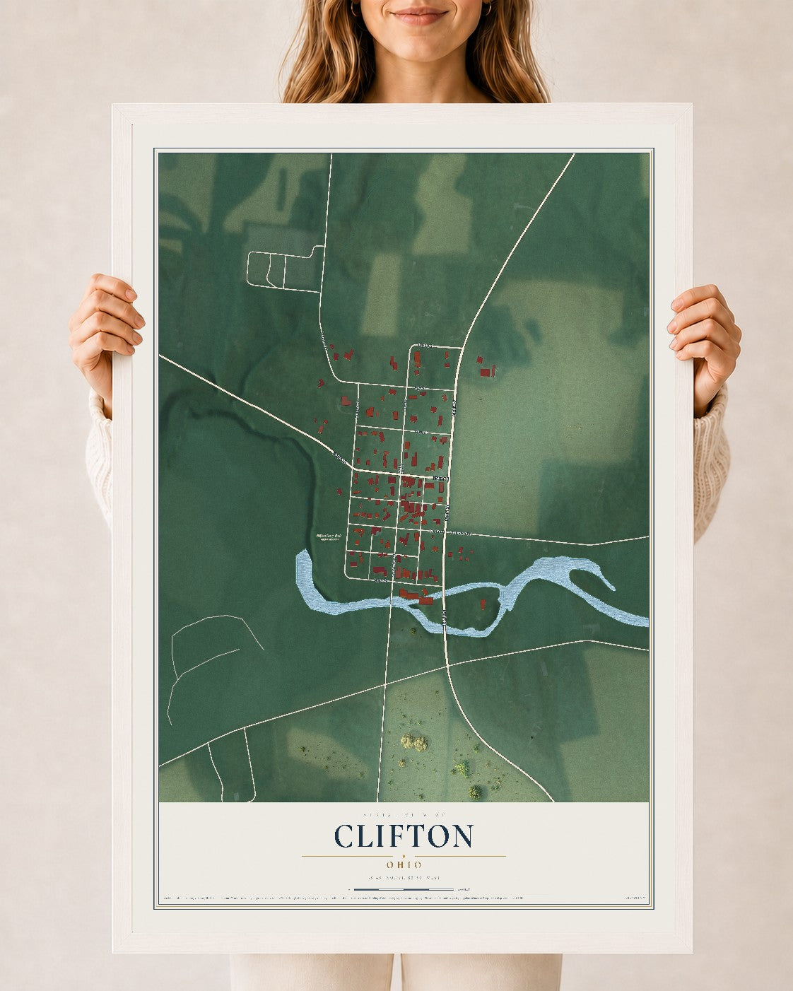 Map of Clifton, Ohio, 24 x 36 inch print in a white wood frame
