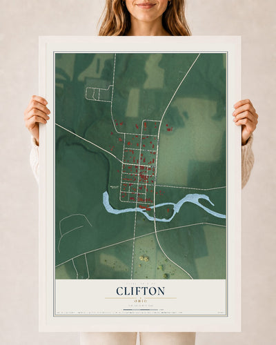 Map of Clifton, Ohio, 24 x 36 inch print in a white wood frame