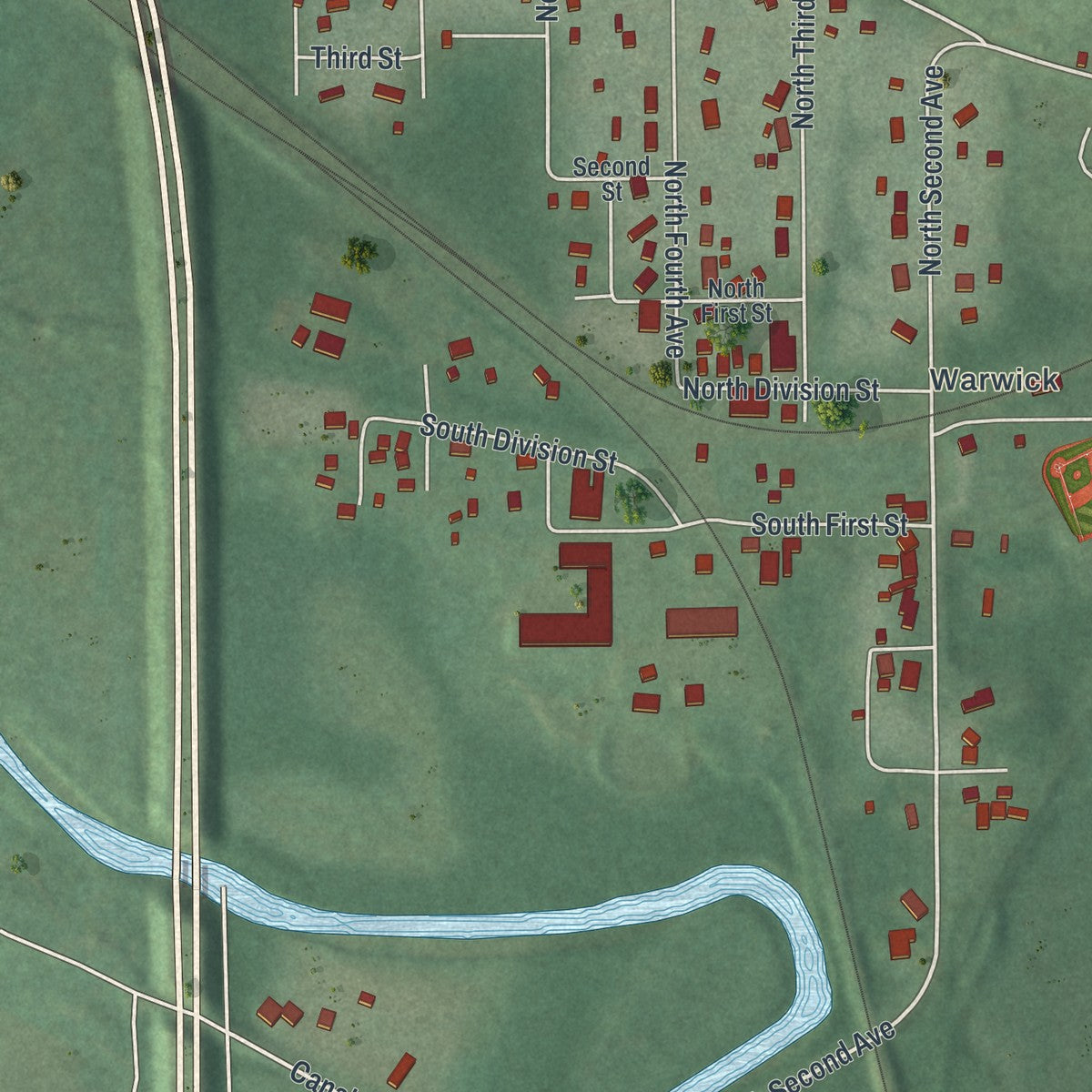 Close-up of the map of Clinton, Ohio print showing street and building detail