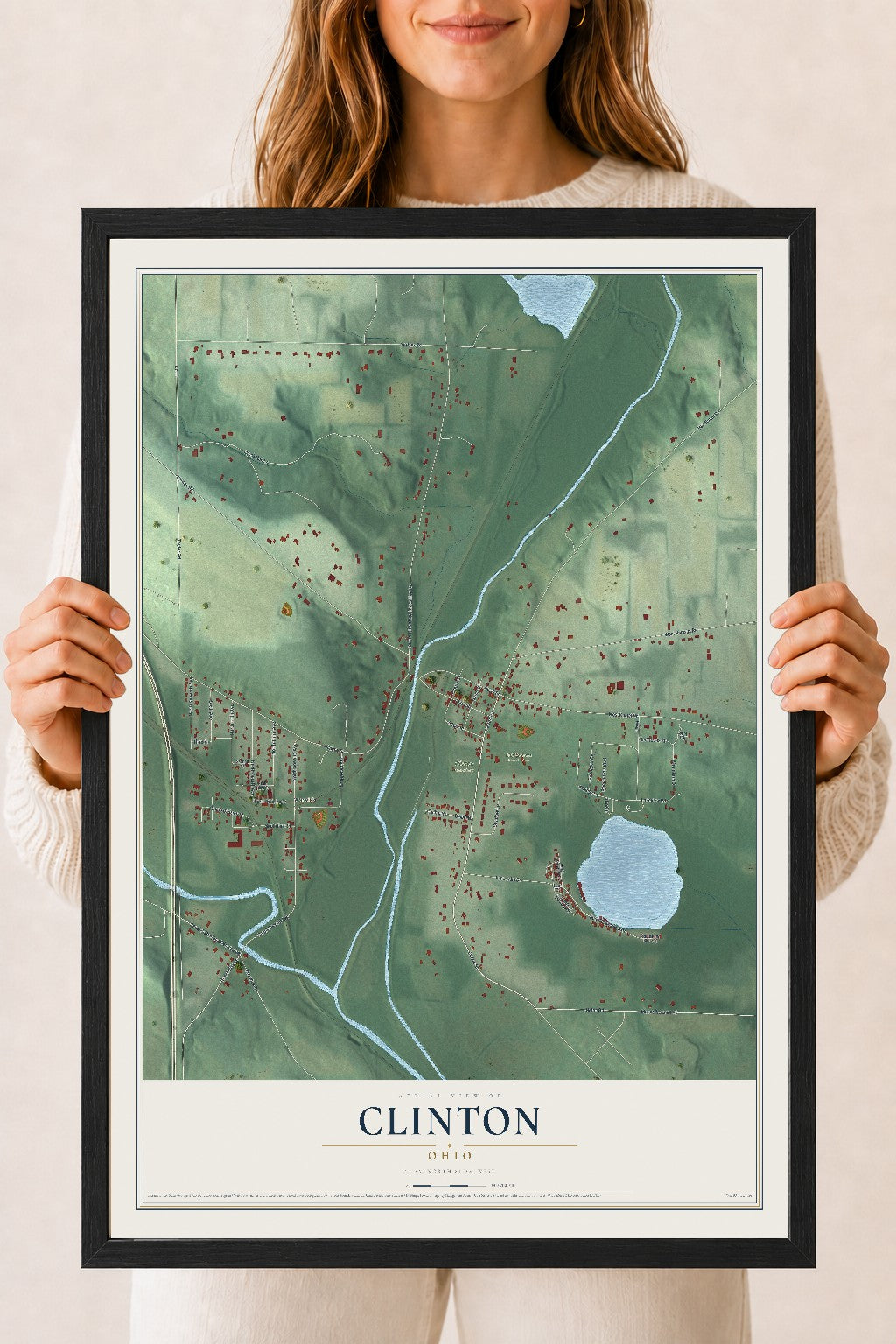 Map of Clinton, Ohio, 18 x 24 inch print in a black wood frame