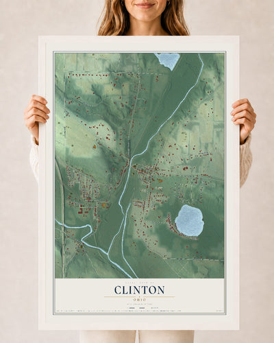 Map of Clinton, Ohio, 24 x 36 inch print in a white wood frame