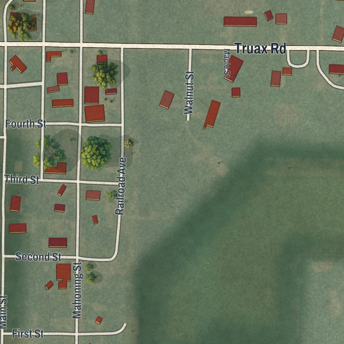 Close-up of the map of Cloverdale, Ohio print showing street and building detail