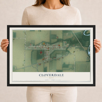 Map of Cloverdale, Ohio, 12 x 18 inch print in a black wood frame