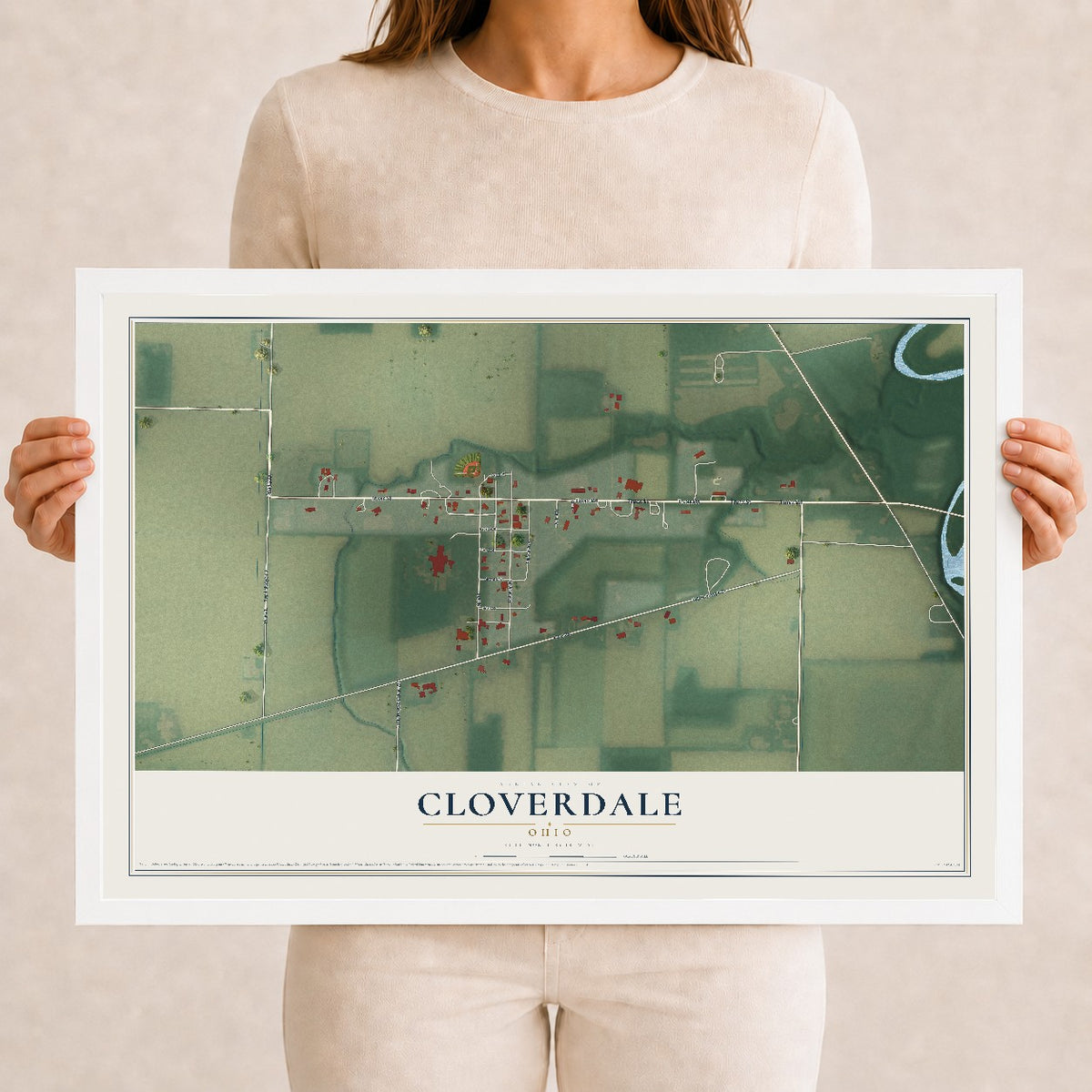 Map of Cloverdale, Ohio, 12 x 18 inch print in a white wood frame