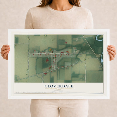 Map of Cloverdale, Ohio, 12 x 18 inch print in a white wood frame