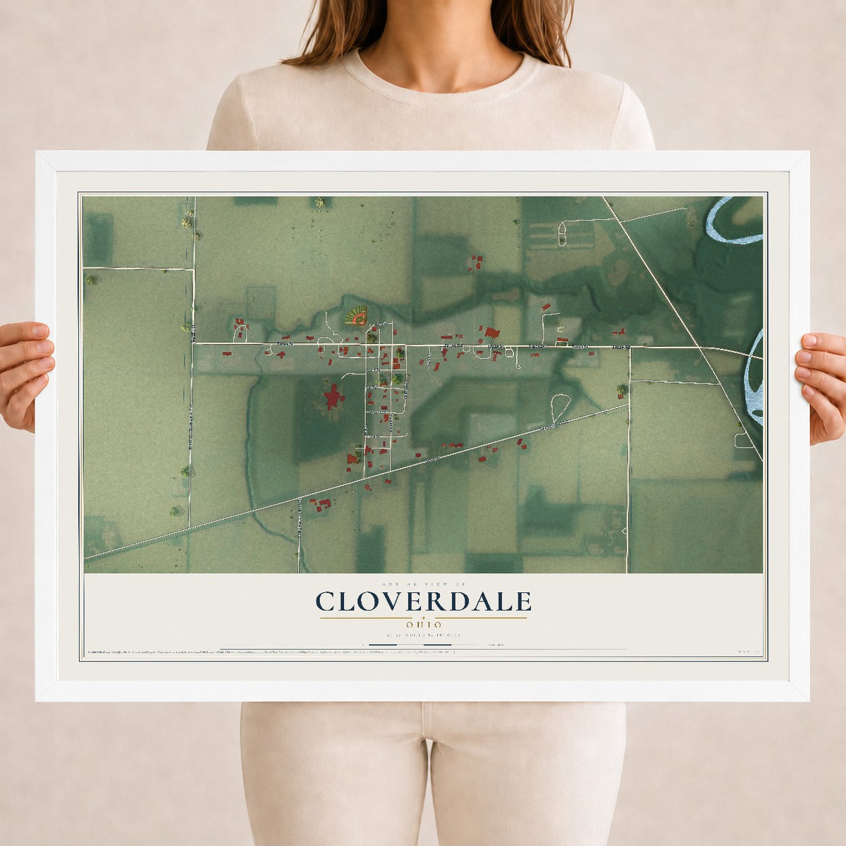 Map of Cloverdale, Ohio, 18 x 24 inch print in a white wood frame