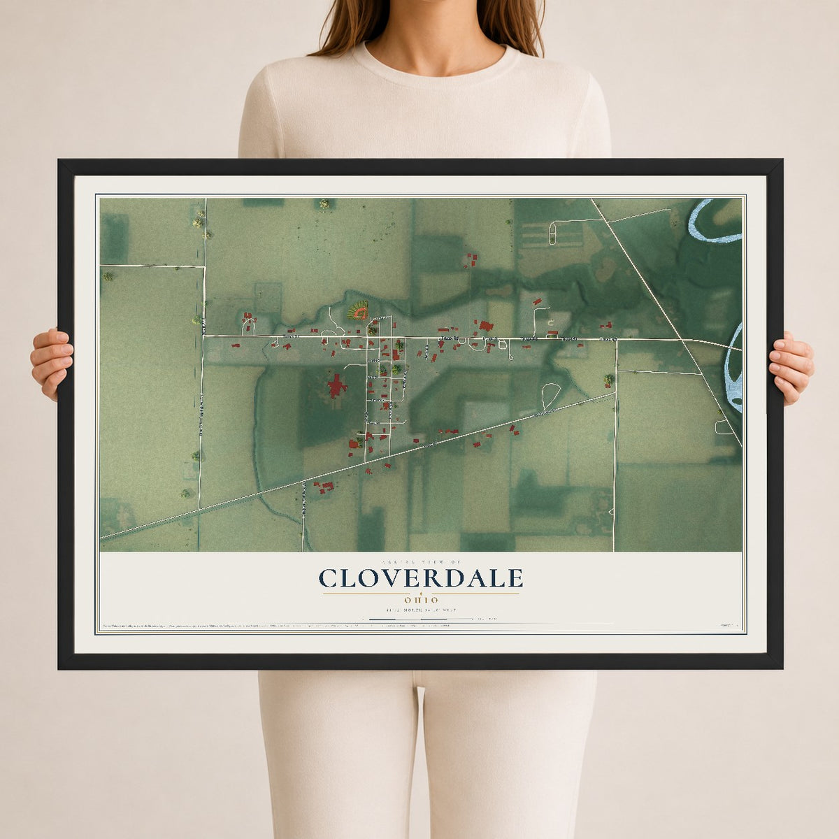 Map of Cloverdale, Ohio, 24 x 36 inch print in a black wood frame