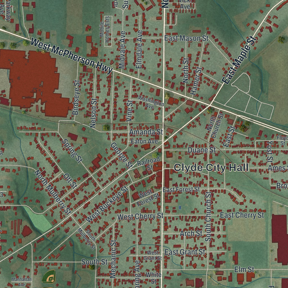 Close-up of the map of Clyde, Ohio print showing street and building detail