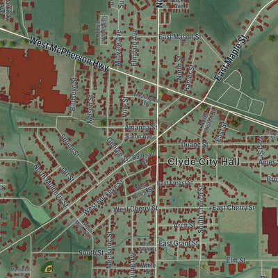 Close-up of the map of Clyde, Ohio print showing street and building detail