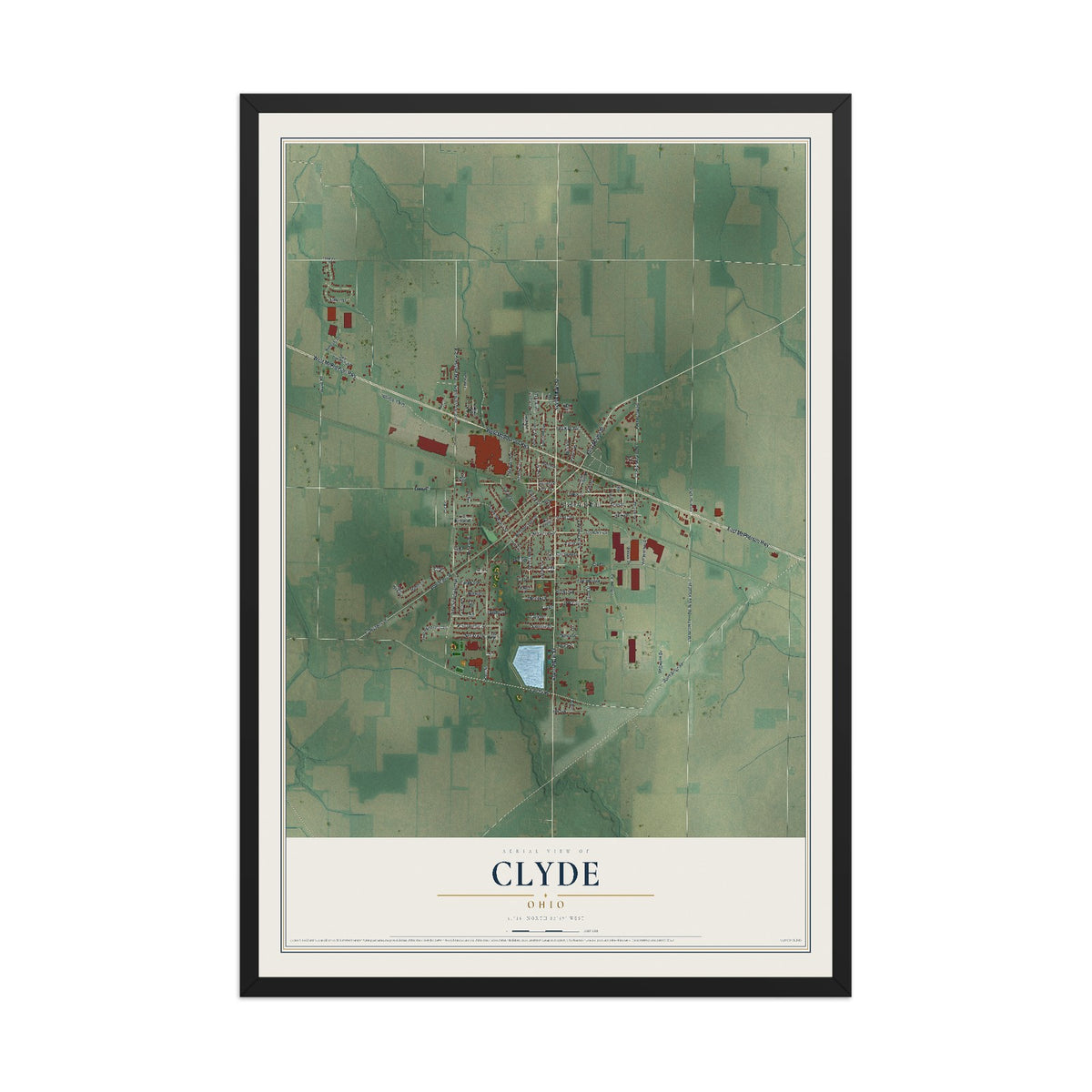 Map of Clyde, Ohio, 12 x 18 inch print in a black wood frame