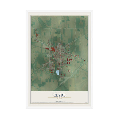 Map of Clyde, Ohio, 12 x 18 inch print in a white wood frame