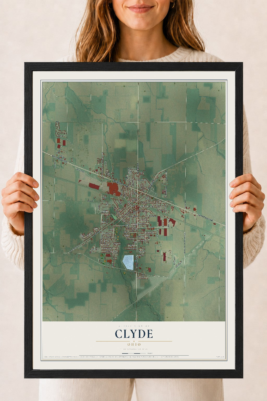 Map of Clyde, Ohio, 18 x 24 inch print in a black wood frame