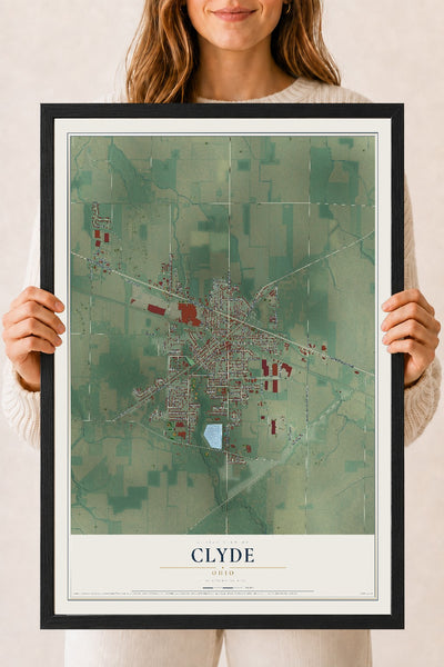 Map of Clyde, Ohio, 18 x 24 inch print in a black wood frame