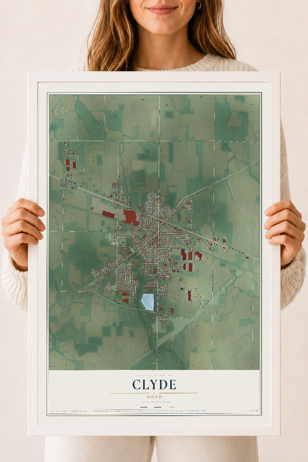 Map of Clyde, Ohio, 18 x 24 inch print in a white wood frame