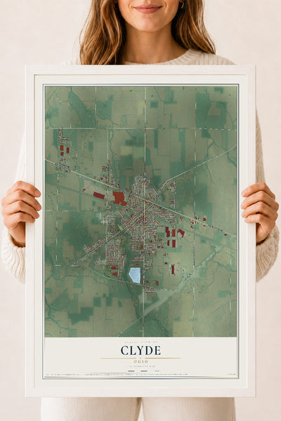 Map of Clyde, Ohio, 18 x 24 inch print in a white wood frame