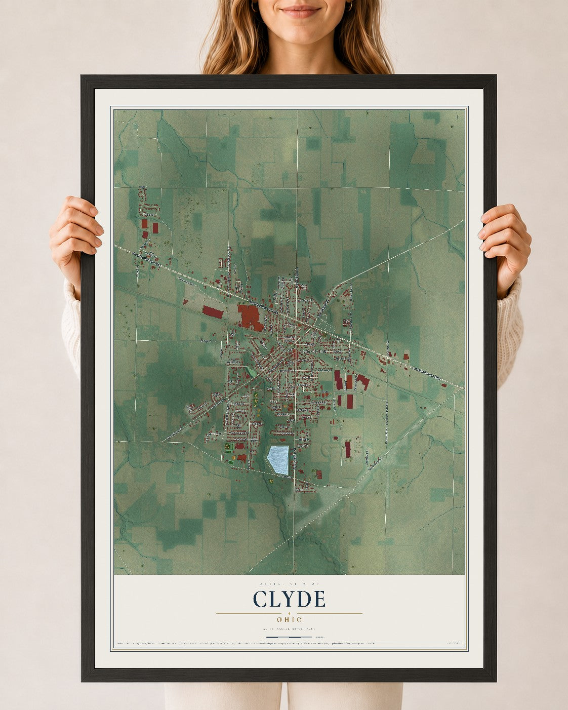 Map of Clyde, Ohio, 24 x 36 inch print in a black wood frame