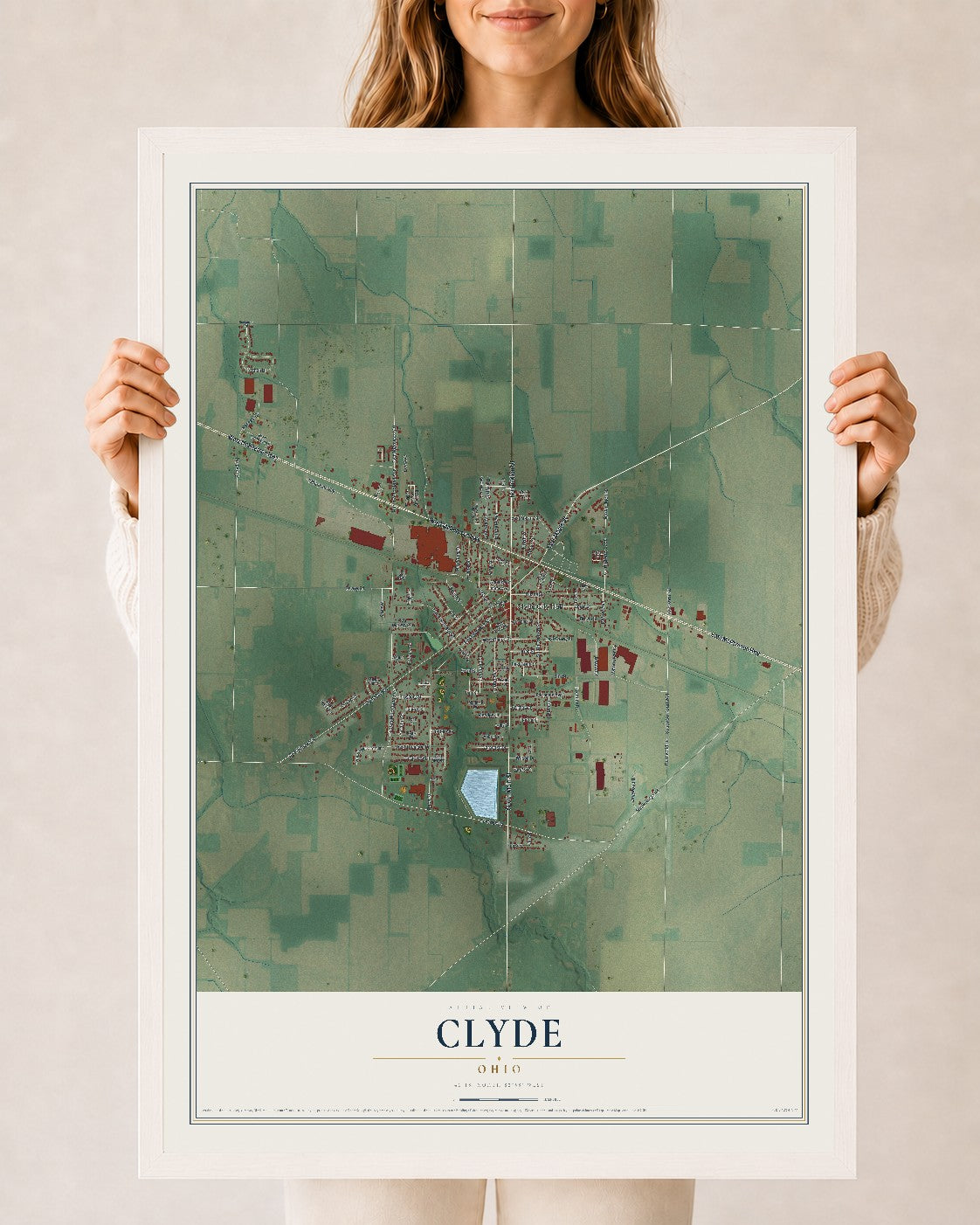 Map of Clyde, Ohio, 24 x 36 inch print in a white wood frame