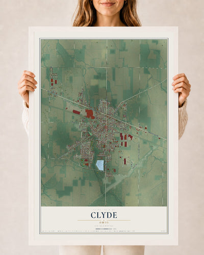 Map of Clyde, Ohio, 24 x 36 inch print in a white wood frame