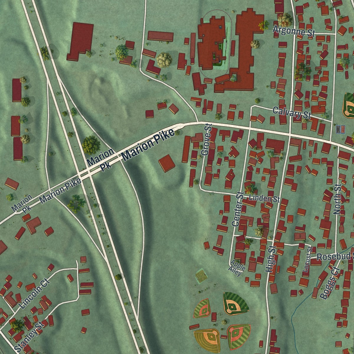 Close-up of the map of Coal Grove, Ohio print showing street and building detail